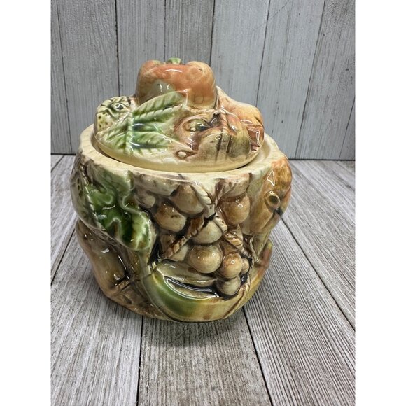 Vtg Ceramic Hand-Painted Tilso Japanese Fruit Decorated Biscuit Jar W/ Lid 4.5" - Picture 2 of 11